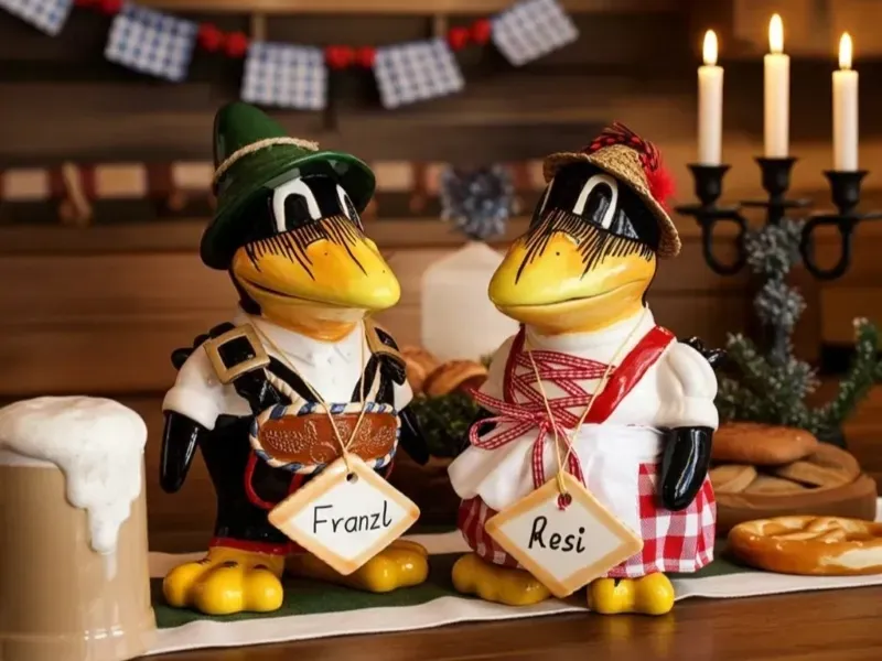 Zwei dekorative Rabenfiguren in Tracht mit Namensschildern auf rustikalem Tisch